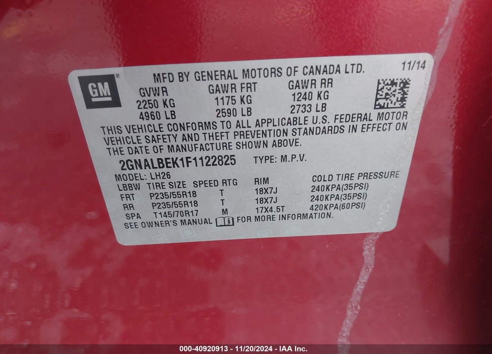 2015 CHEVROLET EQUINOX 1LT VIN: 2GNALBEK1F1122825