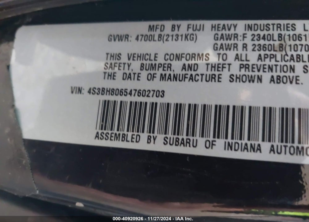 2004 SUBARU OUTBACK H6-3.0 L.L. BEAN EDITION VIN: 4S3BH806547602703