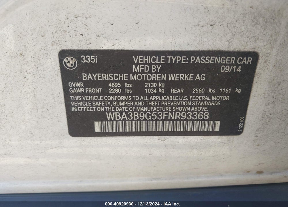 2015 BMW 335I XDRIVE VIN: WBA3B9G53FNR93368