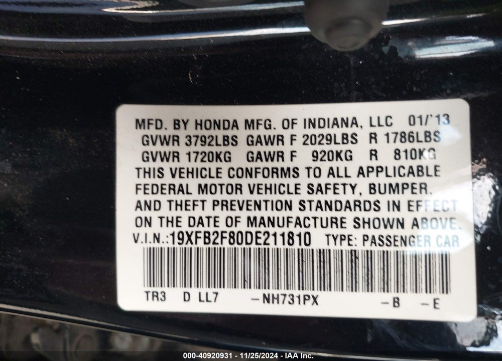 2013 HONDA CIVIC EX VIN: 19XFB2F80DE211810