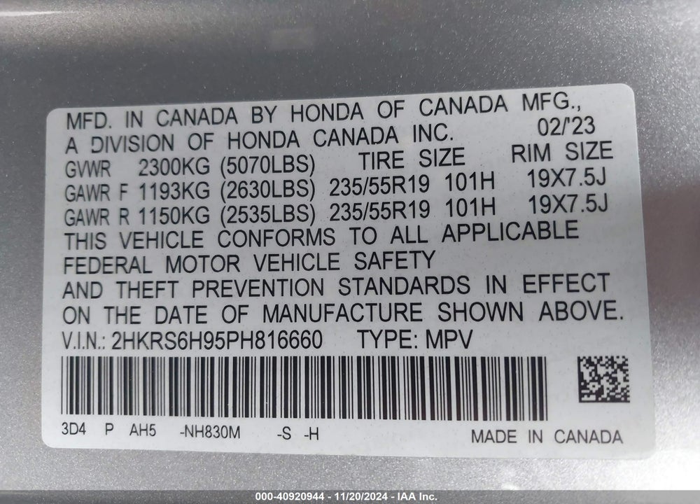 2023 HONDA CR-V HYBRID SPORT TOURING VIN: 2HKRS6H95PH816660