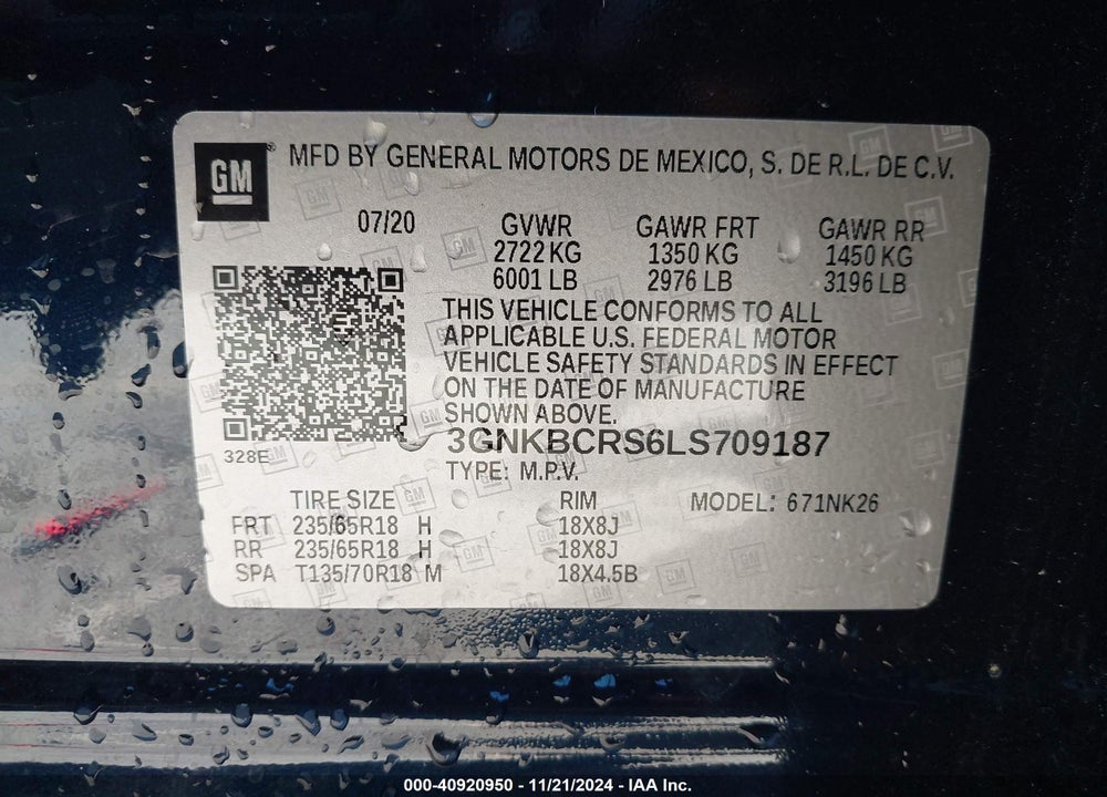 2020 CHEVROLET BLAZER FWD 2LT VIN: 3GNKBCRS6LS709187