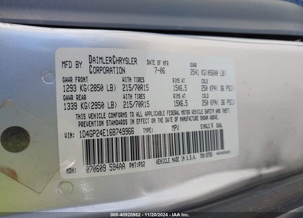 2006 DODGE GRAND CARAVAN SE VIN: 1D4GP24E16B749966
