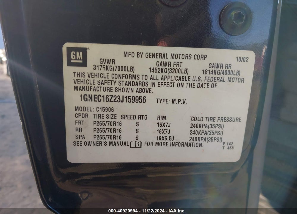2003 CHEVROLET SUBURBAN 1500 LT VIN: 1GNEC16Z23J159956