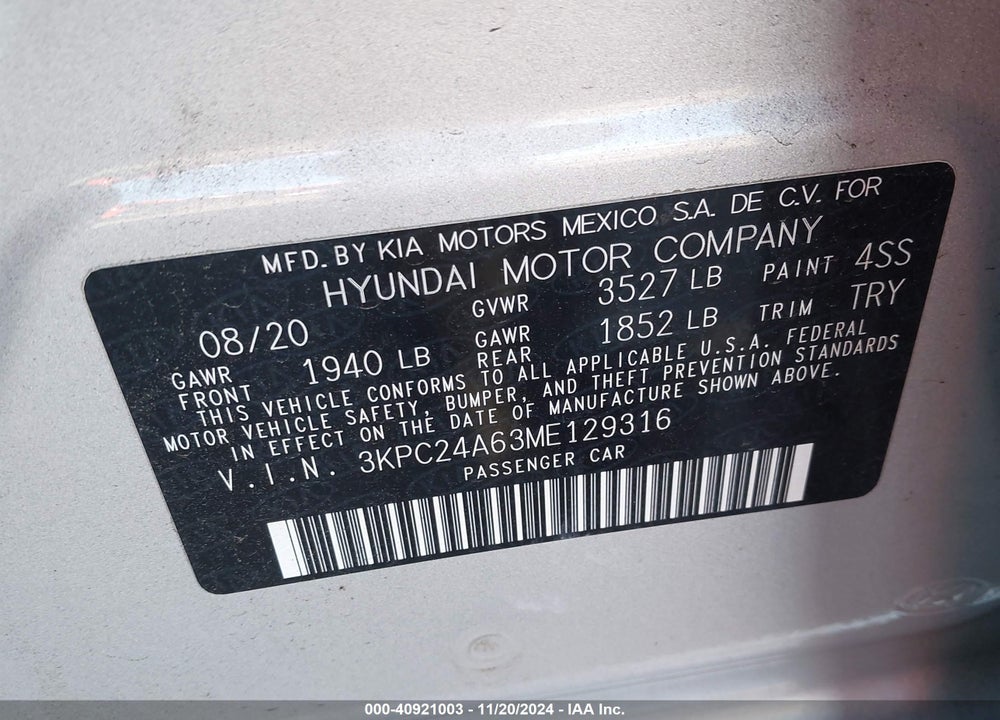 2021 HYUNDAI ACCENT VIN: 3KPC24A63ME129316