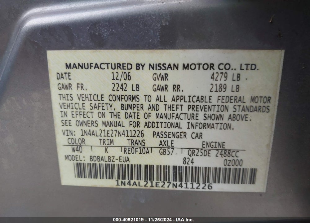 2007 NISSAN ALTIMA 2.5 S VIN: 1N4AL21E27N411226