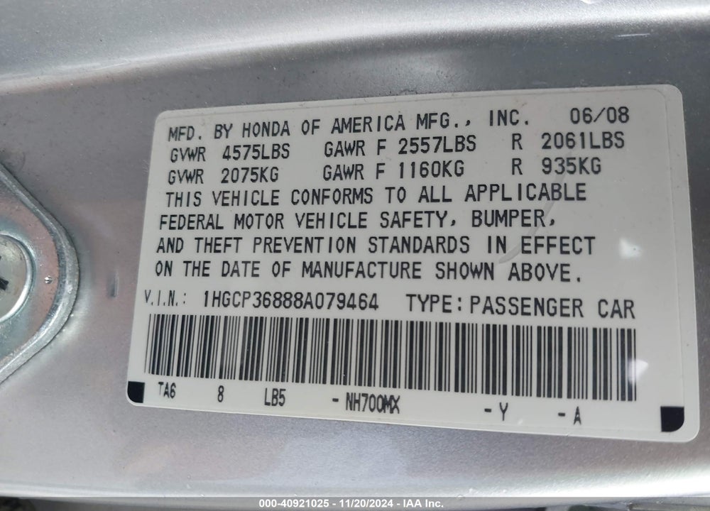 2008 HONDA ACCORD EXL VIN: 1HGCP36888A079464