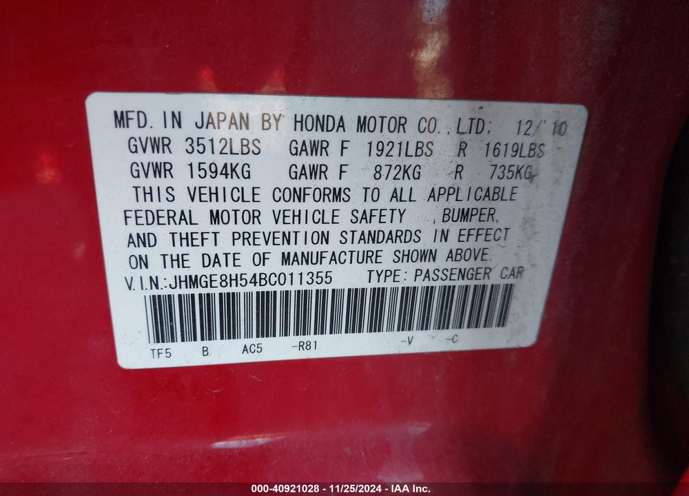 2011 HONDA FIT SPORT VIN: JHMGE8H54BC011355