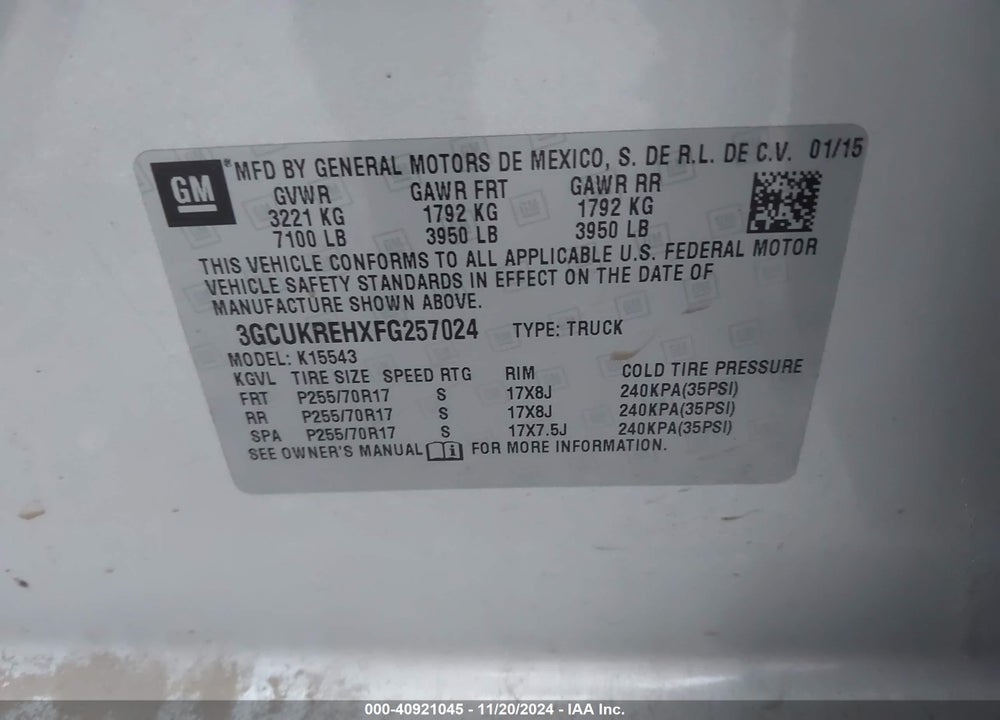 2015 CHEVROLET SILVERADO 1500 1LT VIN: 3GCUKREHXFG257024