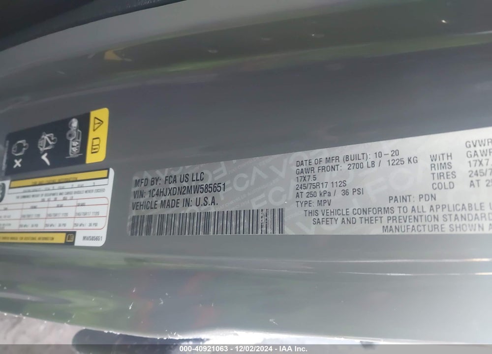2021 JEEP WRANGLER UNLIMITED SPORT S 4X4 VIN: 1C4HJXDN2MW585651