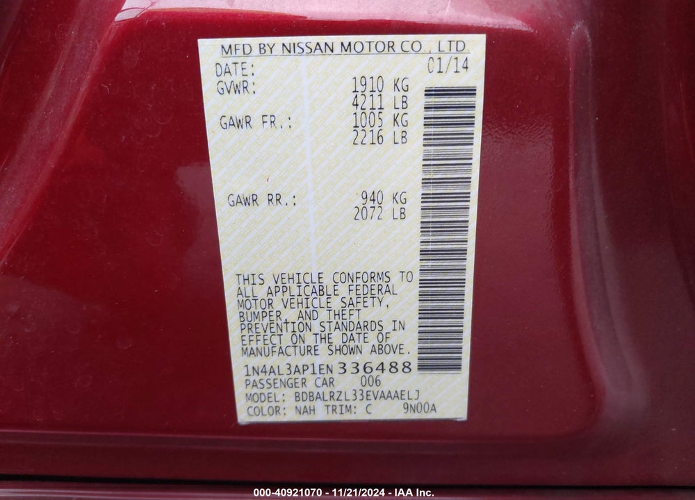 2014 NISSAN ALTIMA 2.5 S VIN: 1N4AL3AP1EN336488