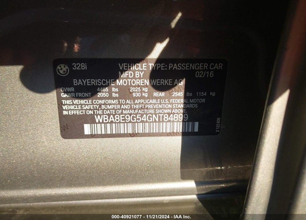 2016 BMW 328I VIN: WBA8E9G54GNT84899