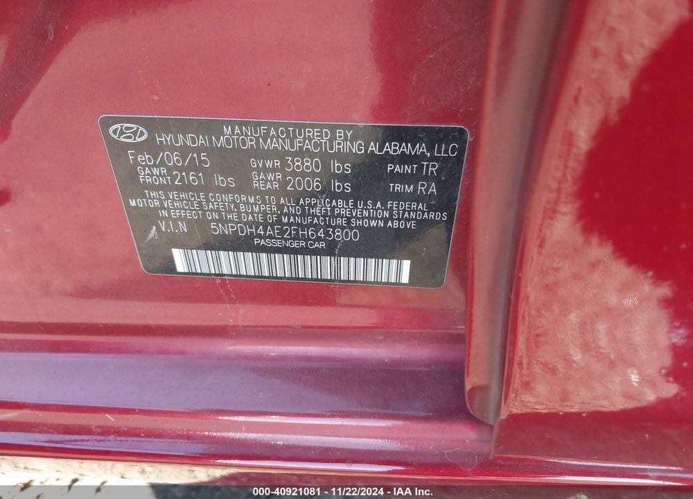 2015 HYUNDAI ELANTRA SE VIN: 5NPDH4AE2FH643800