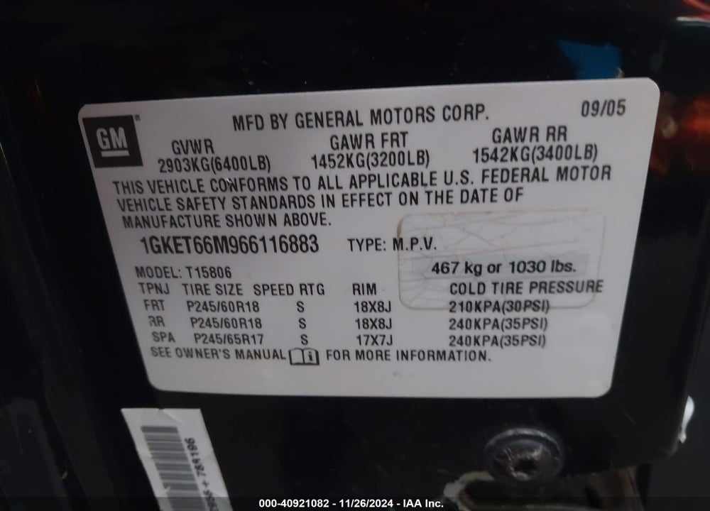2006 GMC ENVOY XL DENALI VIN: 1GKET66M966116883