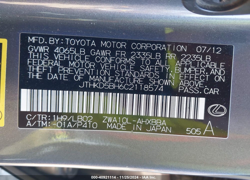 2012 LEXUS CT 200H PREMIUM VIN: JTHKD5BH6C2118574