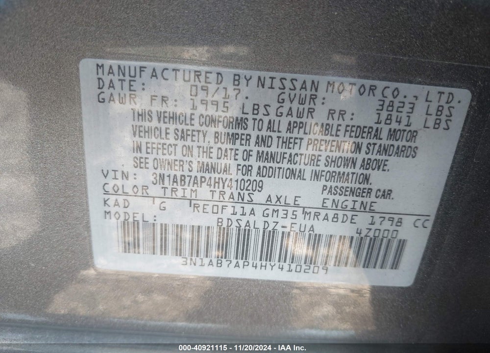 2017 NISSAN SENTRA SV VIN: 3N1AB7AP4HY410209