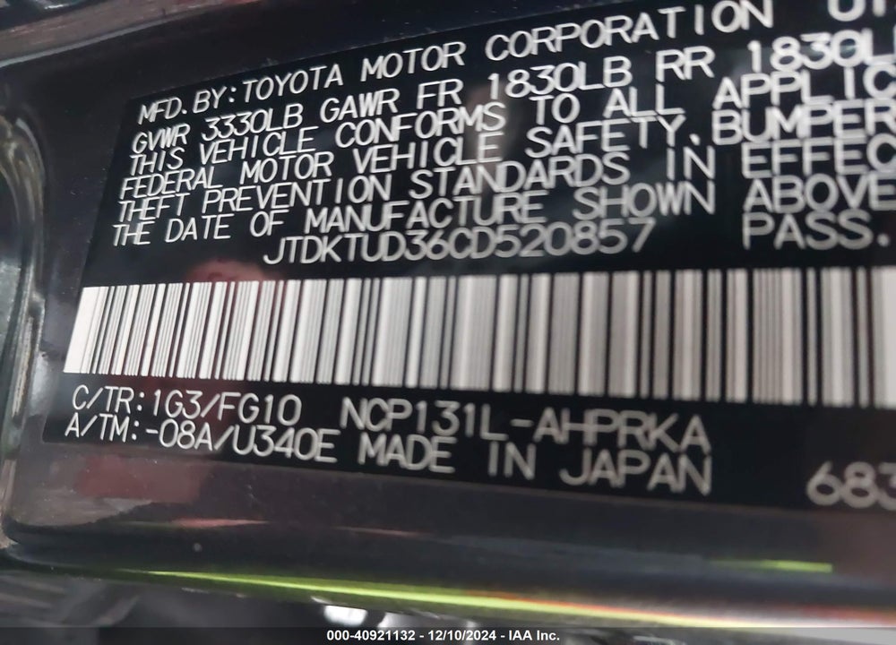 2012 TOYOTA YARIS L VIN: JTDKTUD36CD520857