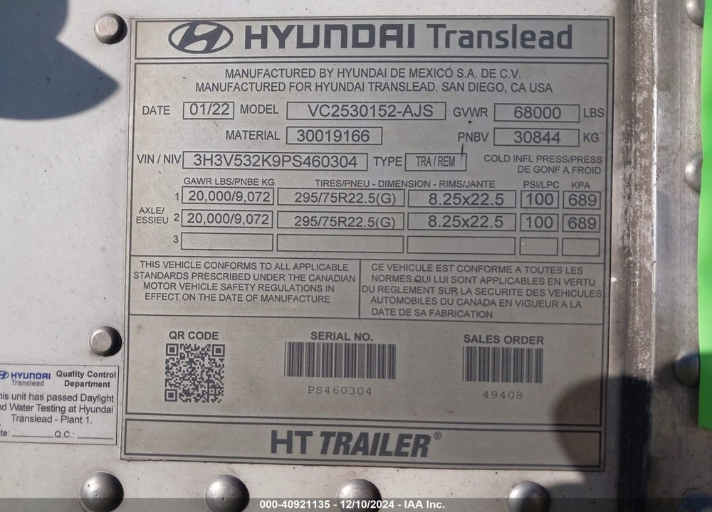 2023 HYUNDAI TRANSLEAD INC --- VIN: 3H3V532K9PS460304