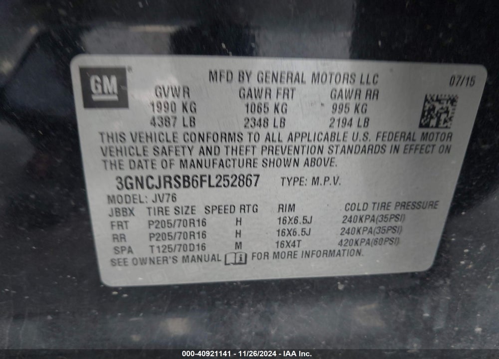 2015 CHEVROLET TRAX LT VIN: 3GNCJRSB6FL252867