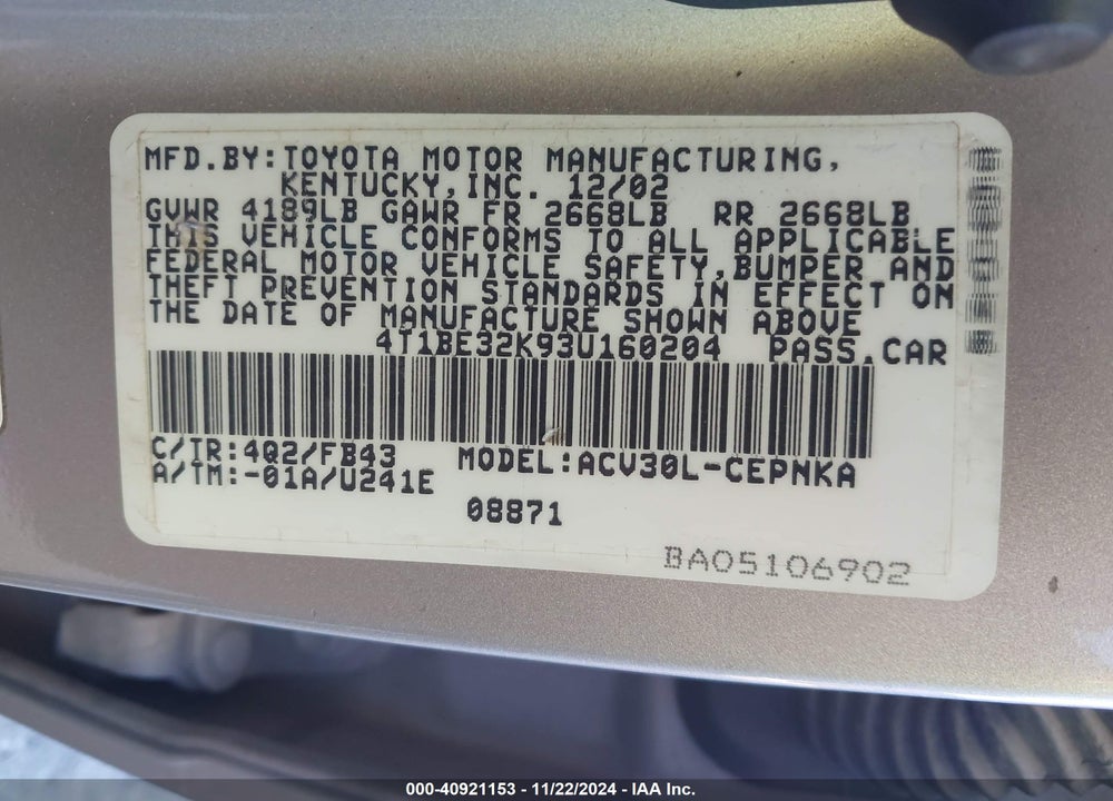 2003 TOYOTA CAMRY LE VIN: 4T1BE32K93U160204