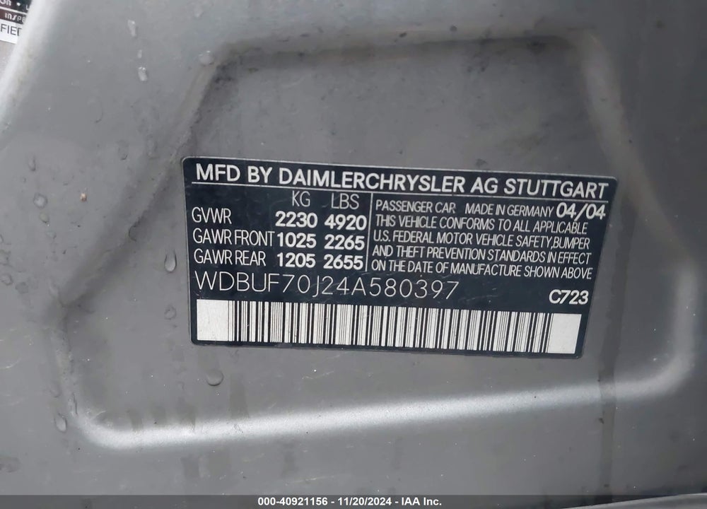 2004 MERCEDES-BENZ E 500 VIN: WDBUF70J24A580397