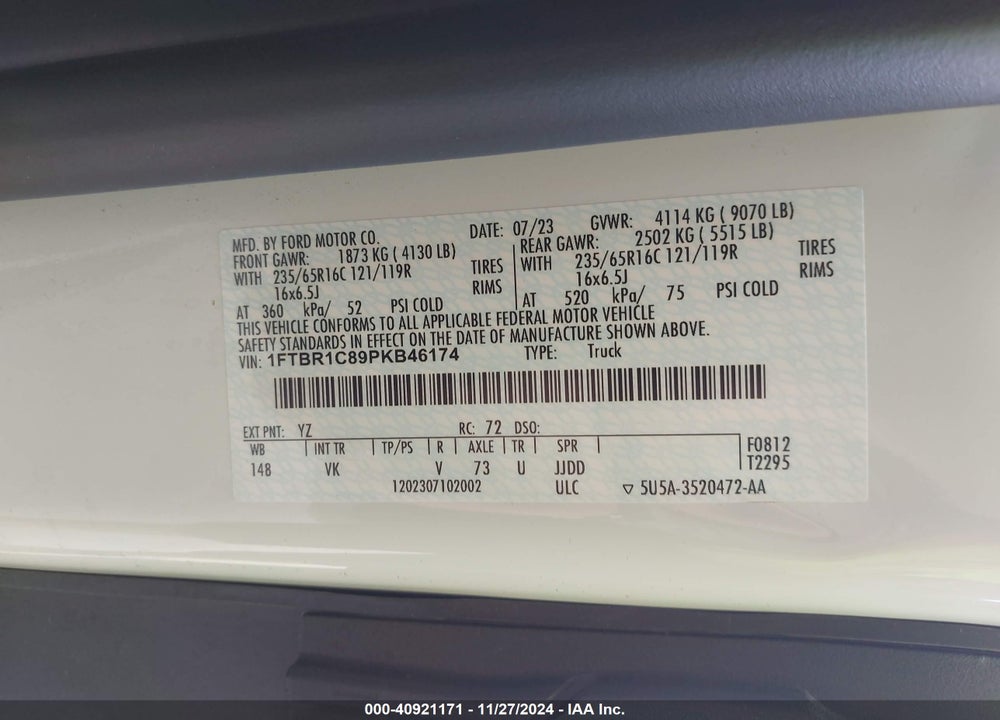 2023 FORD TRANSIT-250 CARGO VAN VIN: 1FTBR1C89PKB46174