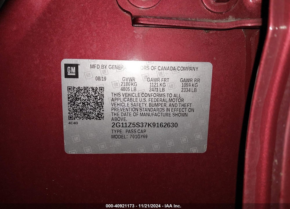 2019 CHEVROLET IMPALA VIN: 2G11Z5S37K9162630