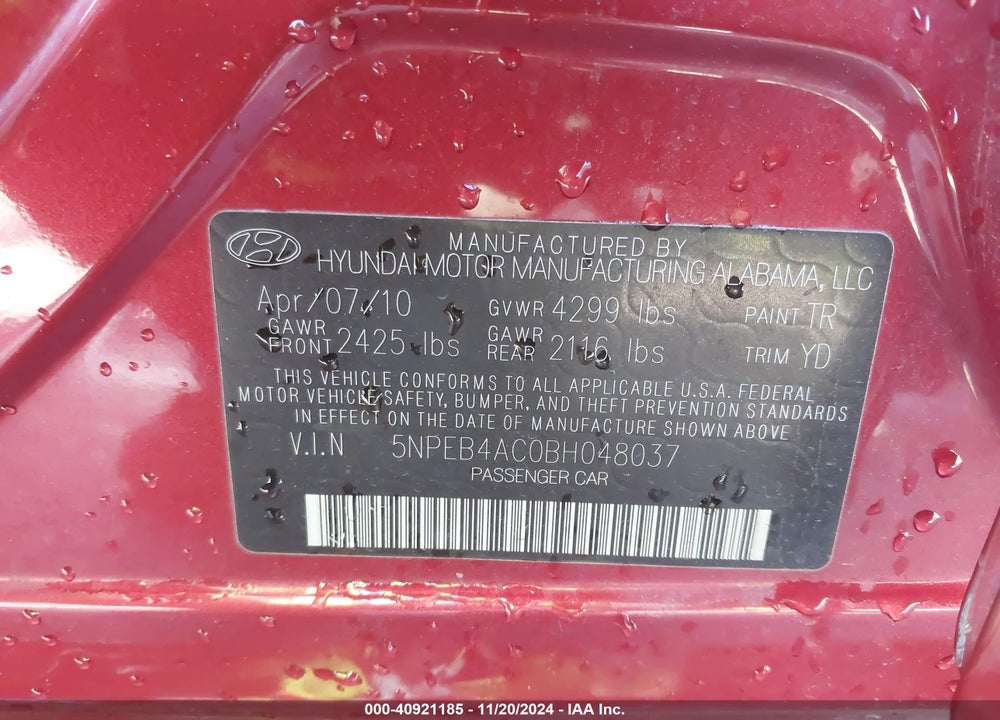 2011 HYUNDAI SONATA VIN: 5NPEB4AC0BH048037