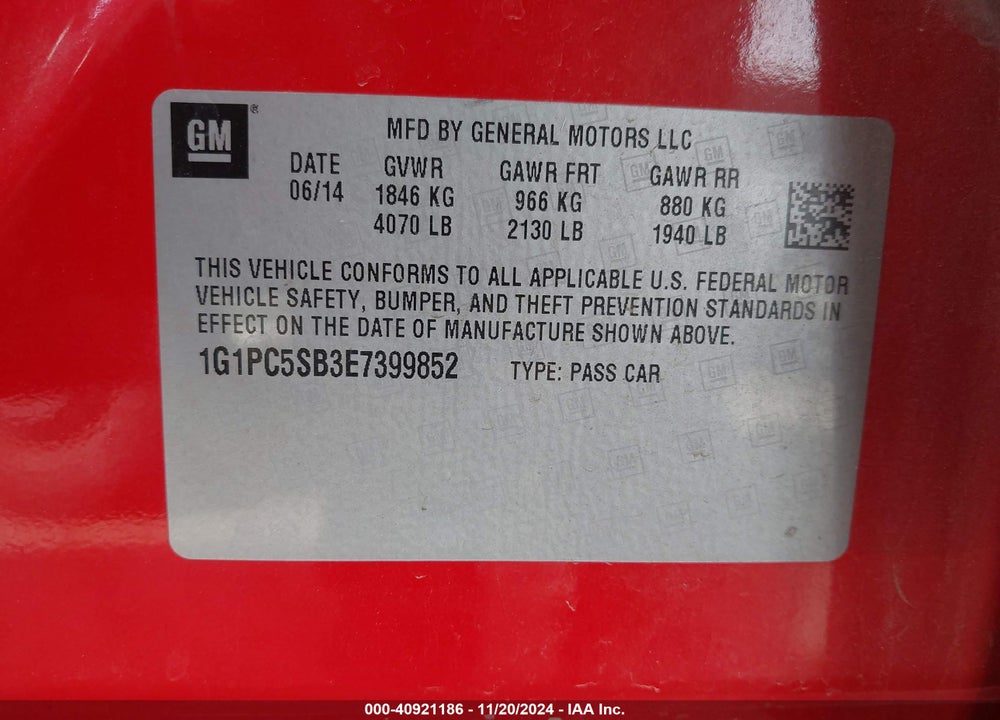 2014 CHEVROLET CRUZE 1LT AUTO VIN: 1G1PC5SB3E7399852