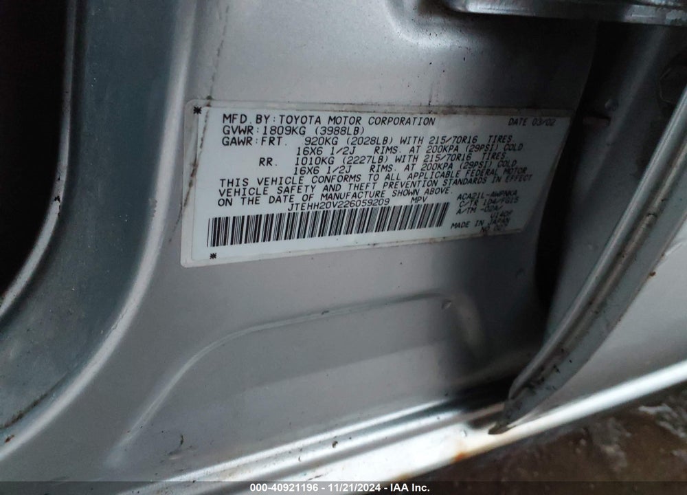 2002 TOYOTA RAV4 VIN: JTEHH20V226059209