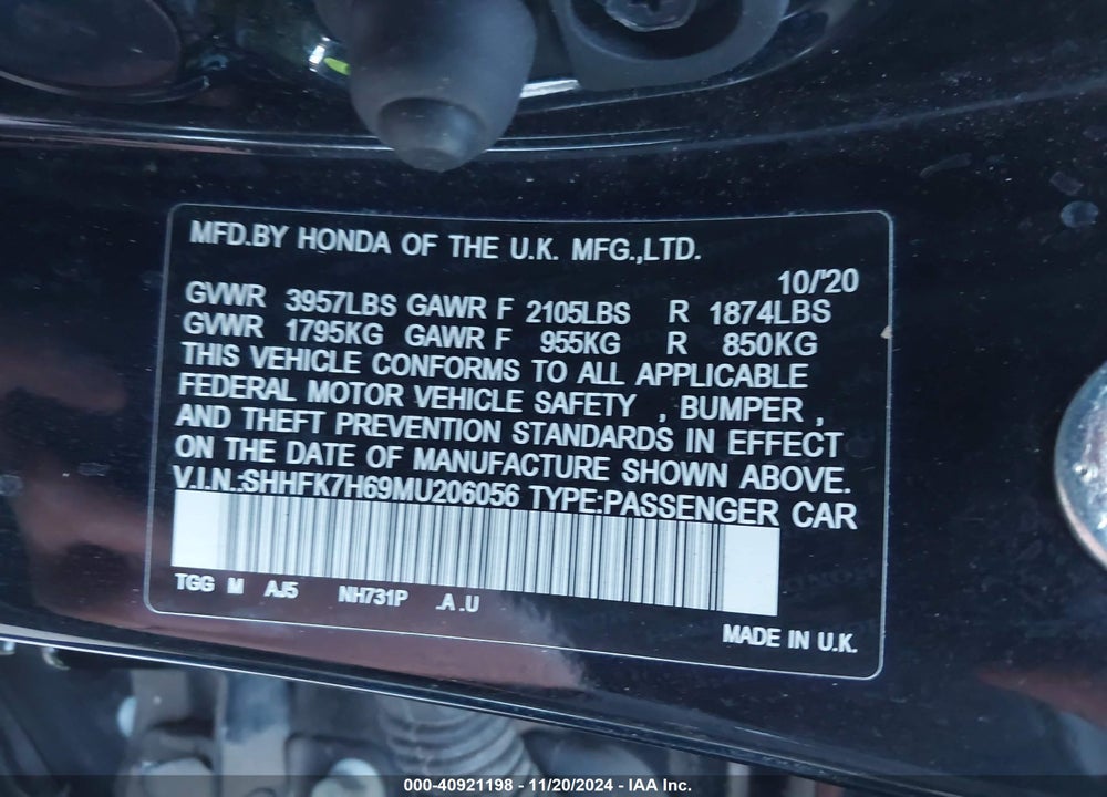 2021 HONDA CIVIC EX VIN: SHHFK7H69MU206056