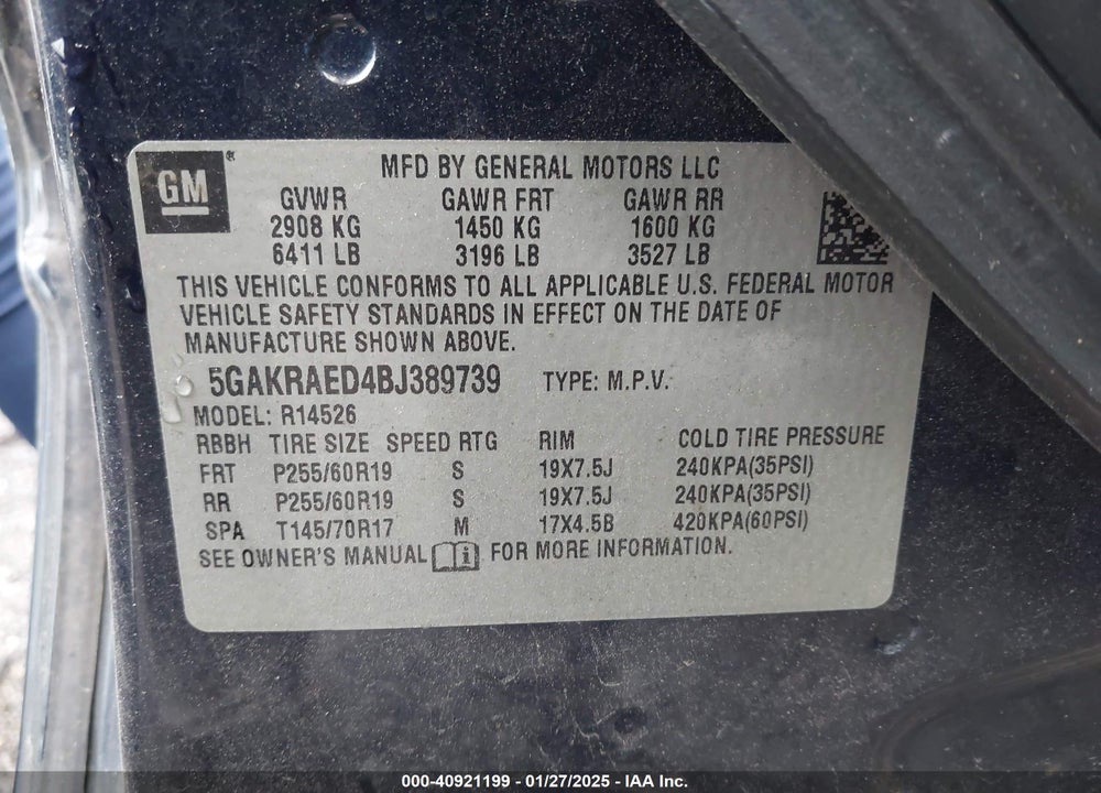 2011 BUICK ENCLAVE CX VIN: 5GAKRAED4BJ389739