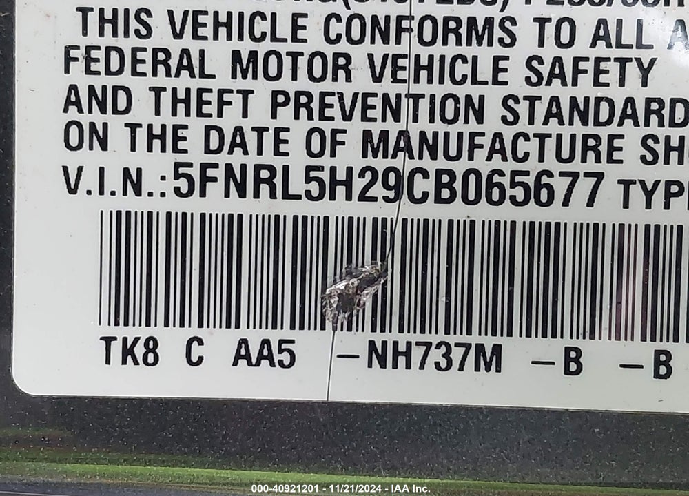 2012 HONDA ODYSSEY LX VIN: 5FNRL5H29CB065677