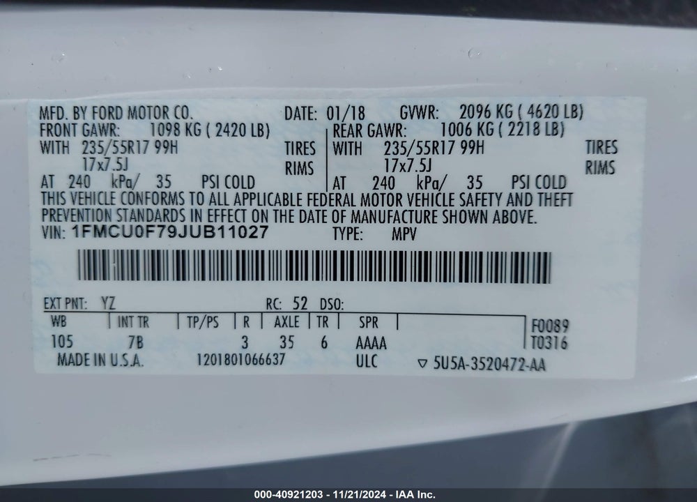 2018 FORD ESCAPE S VIN: 1FMCU0F79JUB11027