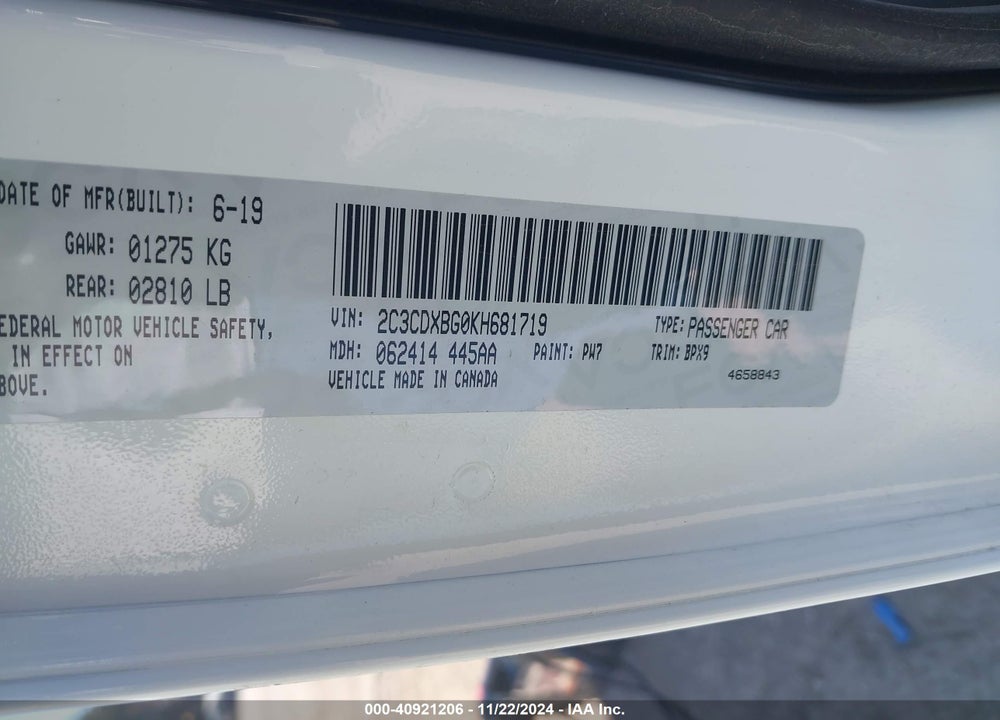 2019 DODGE CHARGER SXT RWD VIN: 2C3CDXBG0KH681719