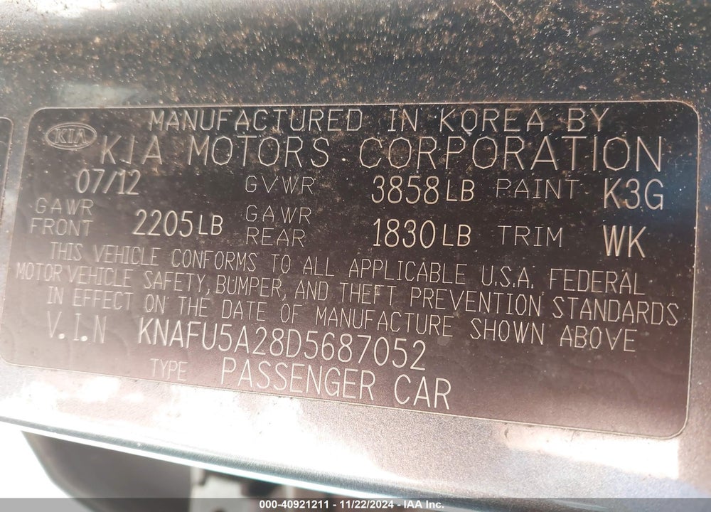 2013 KIA FORTE EX VIN: KNAFU5A28D5687052