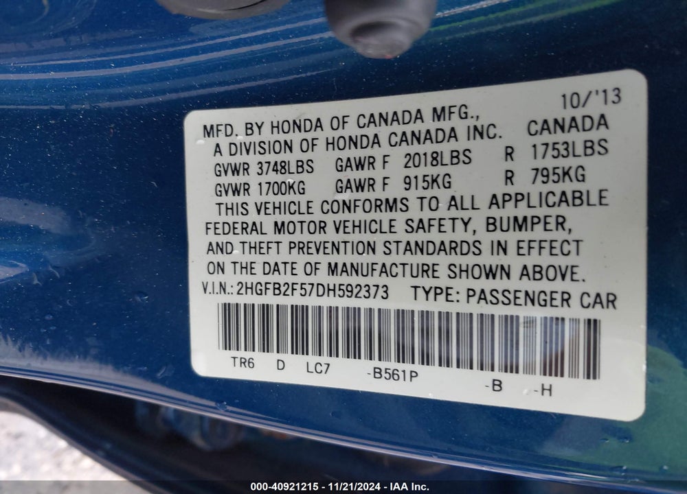 2013 HONDA CIVIC LX VIN: 2HGFB2F57DH592373