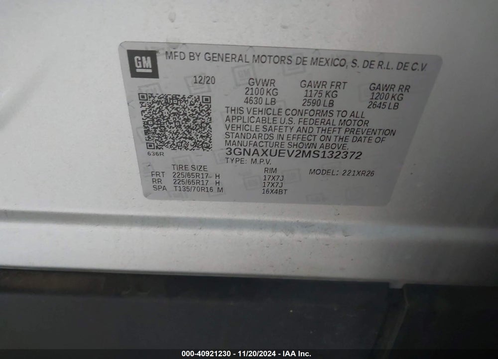 2021 CHEVROLET EQUINOX AWD LT VIN: 3GNAXUEV2MS132372