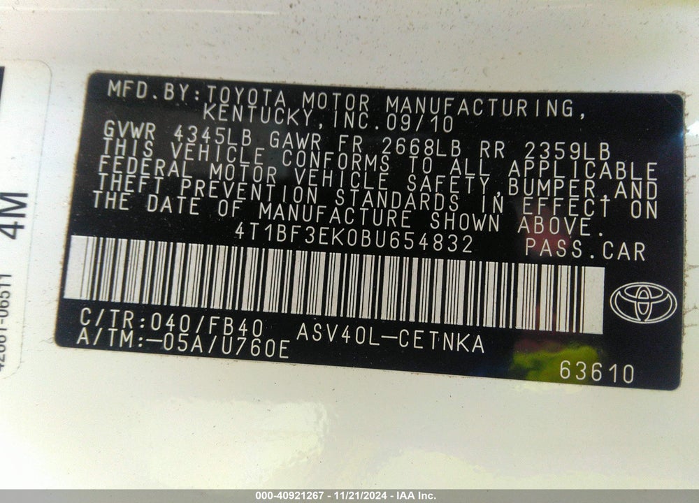 2011 TOYOTA CAMRY VIN: 4T1BF3EK0BU654832