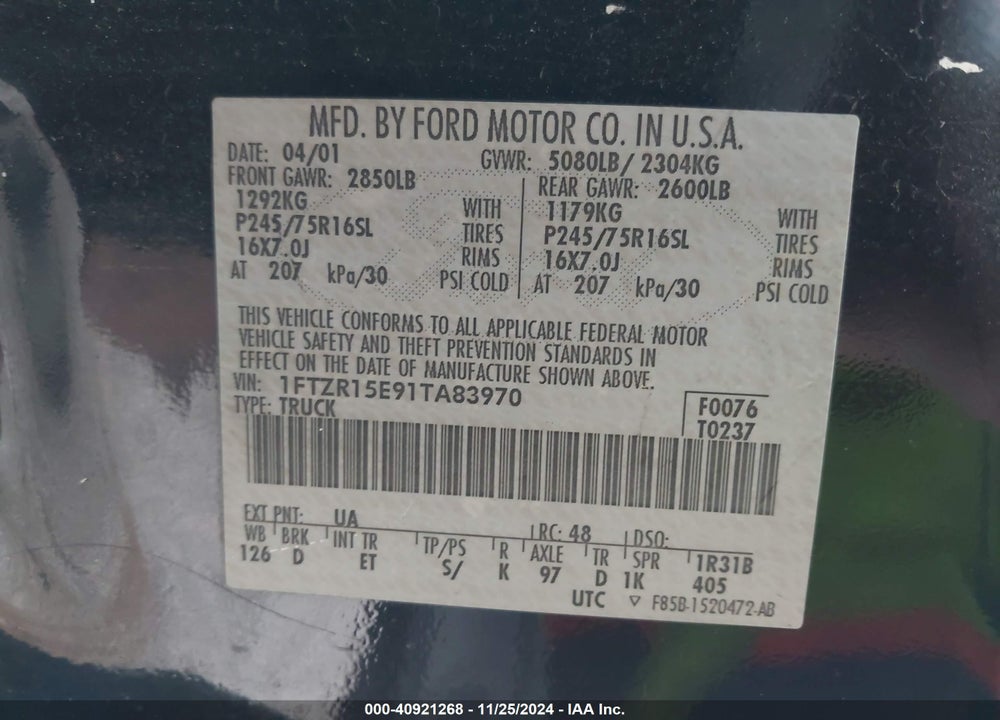 2001 FORD RANGER EDGE/XLT VIN: 1FTZR15E91TA83970