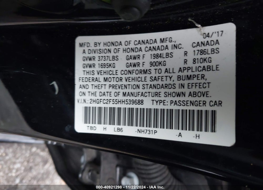 2017 HONDA CIVIC LX VIN: 2HGFC2F55HH539688