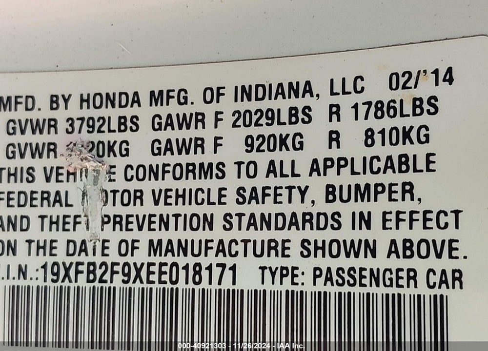 2014 HONDA CIVIC EX-L VIN: 19XFB2F9XEE018171