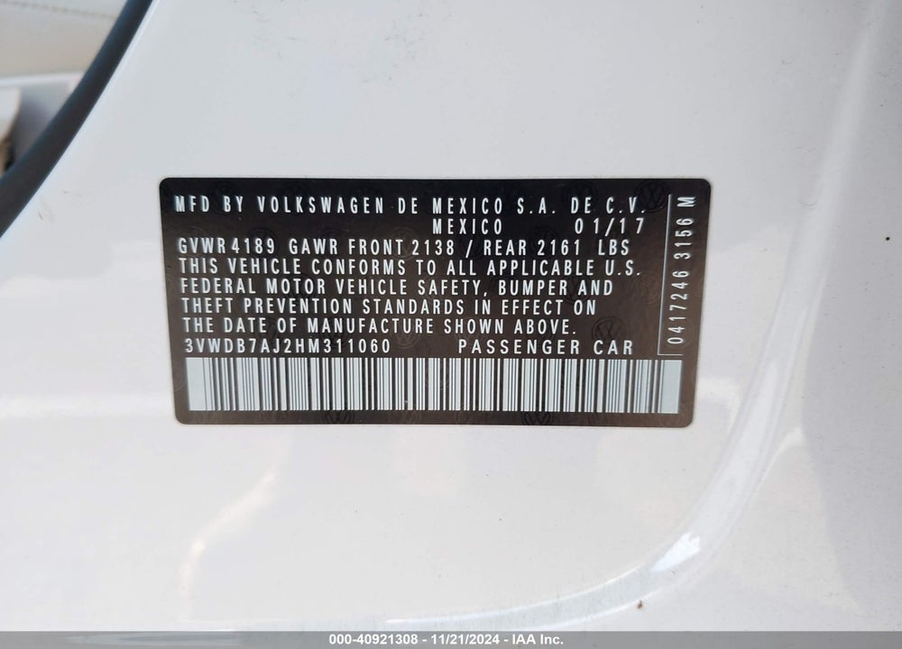 2017 VOLKSWAGEN JETTA 1.4T SE VIN: 3VWDB7AJ2HM311060