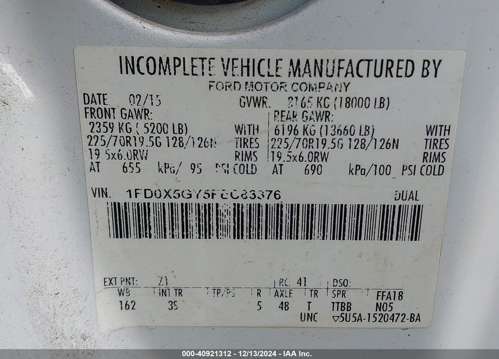 2015 FORD F-550 CHASSIS XLT VIN: 1FD0X5GY5FEC83376