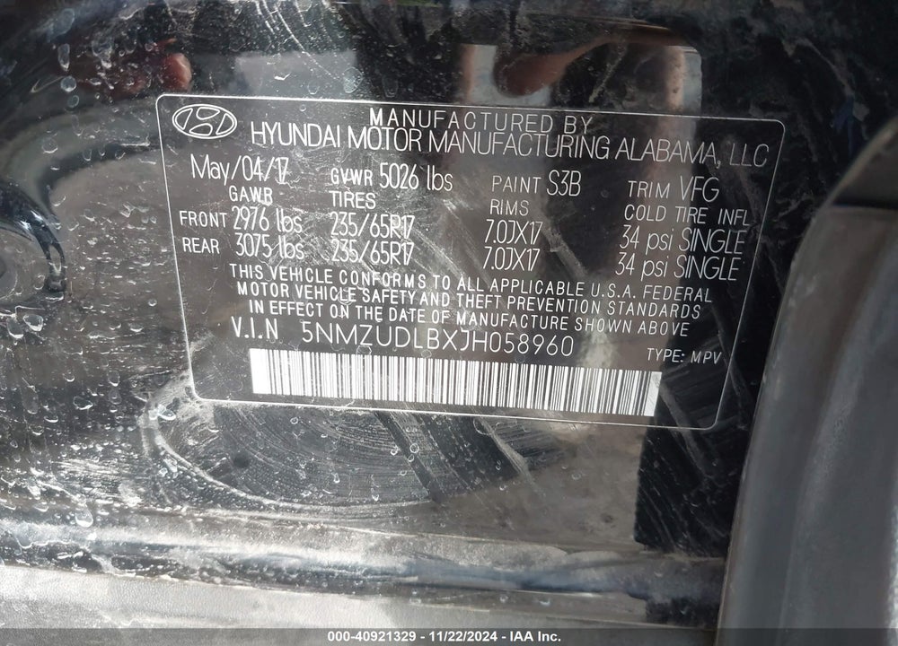 2018 HYUNDAI SANTA FE SPORT 2.4L VIN: 5NMZUDLBXJH058960