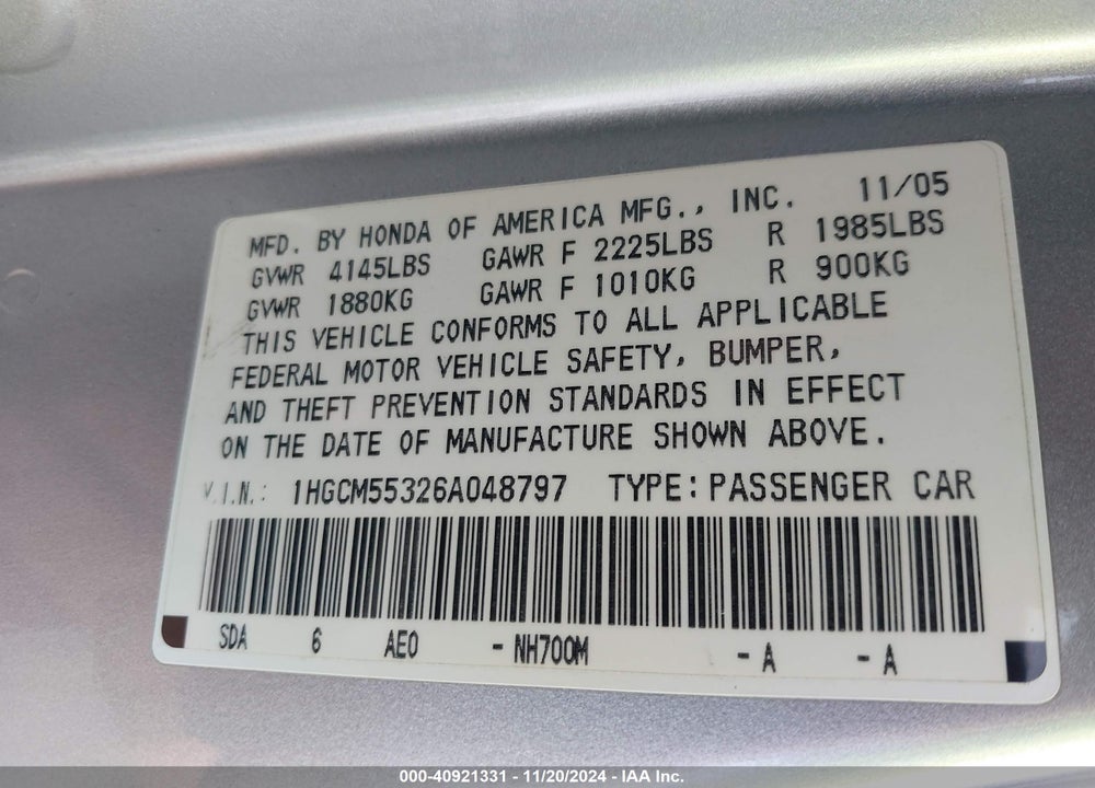 2006 HONDA ACCORD 2.4 SE VIN: 1HGCM55326A048797