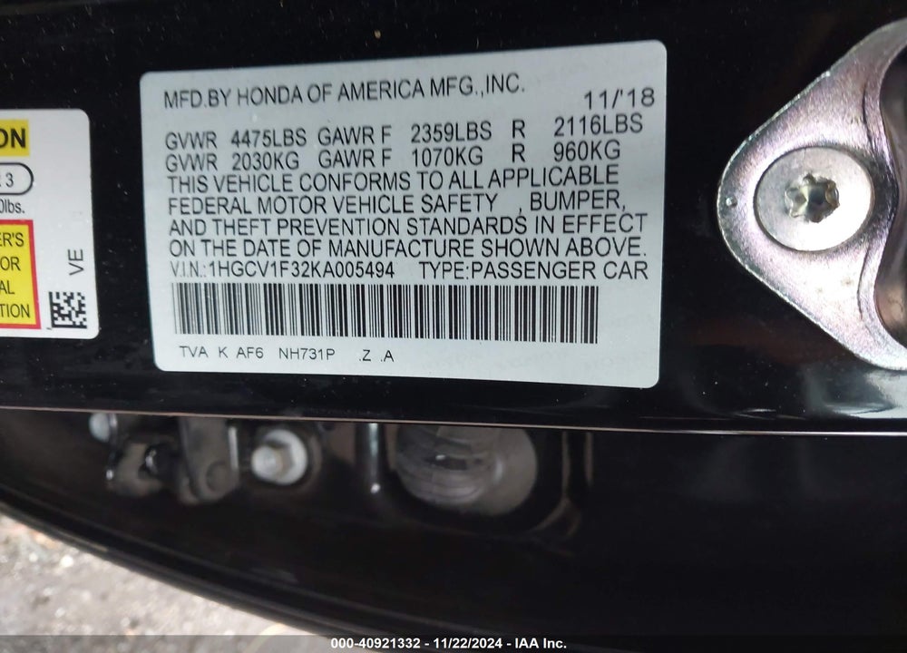2019 HONDA ACCORD SPORT VIN: 1HGCV1F32KA005494