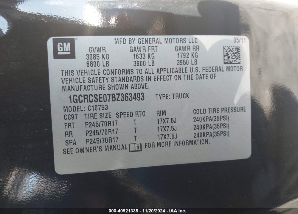 2011 CHEVROLET SILVERADO 1500 LT VIN: 1GCRCSE07BZ363493