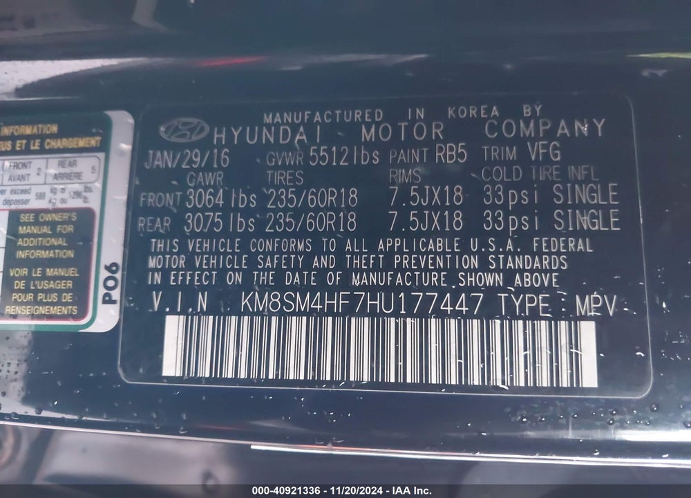 2017 HYUNDAI SANTA FE SE VIN: KM8SM4HF7HU177447
