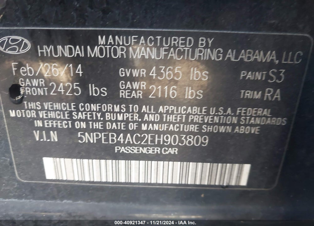 2014 HYUNDAI SONATA GLS VIN: 5NPEB4AC2EH903809